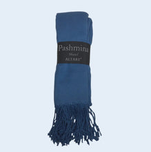 Load image into Gallery viewer, A folded blue pashmina shawl with fringed ends, wrapped in a black paper band that reads 'Pashmina Shawl ALTARE', set against a solid gray background.