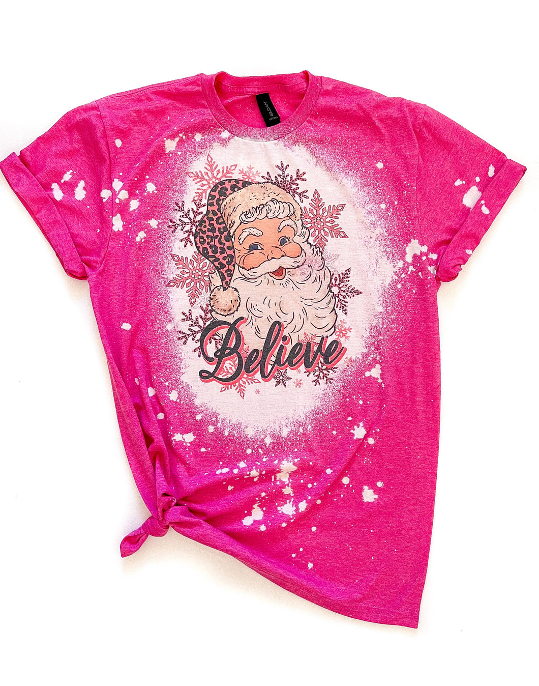 Believe Leopard Santa Christmas Bleached Tee