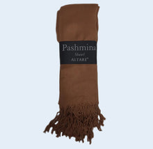 Load image into Gallery viewer, A folded brown pashmina shawl with fringed ends, wrapped in a black paper band that reads 'Pashmina Shawl ALTARE'.
