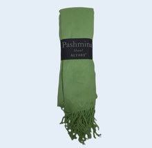Load image into Gallery viewer, A folded green Pashmina shawl with fringed ends, wrapped in a black paper band that reads 'Pashmina Shawl ALTARE', set against a solid gray background.

