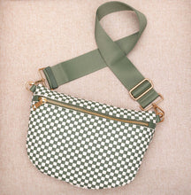 Load image into Gallery viewer, Green and white checkered bag with a green strap on a beige surface

