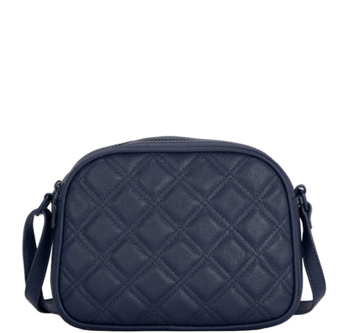 Navy blue quilted crossbody bag on a gray background