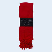 Load image into Gallery viewer, A folded red pashmina shawl with fringed ends, wrapped in a black paper band that reads 'Pashmina Shawl ALTARE'.
