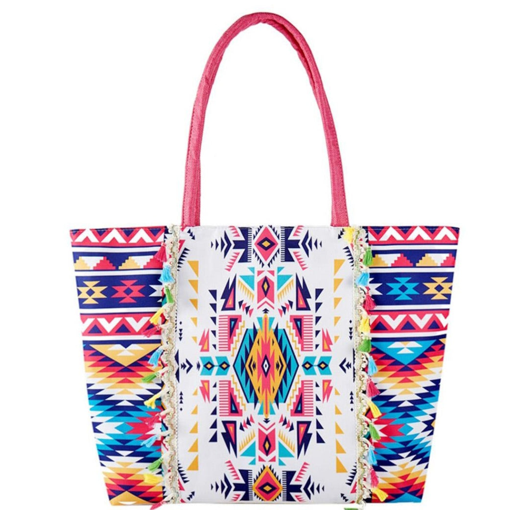 Aztec Print Fringe Tote Bag